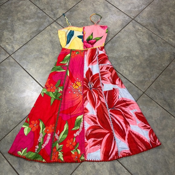 Farm Rio Mixed Garden Dress Floral Patch Linen Midi Sz XS Boho Beachy Wedding - Picture 7 of 14